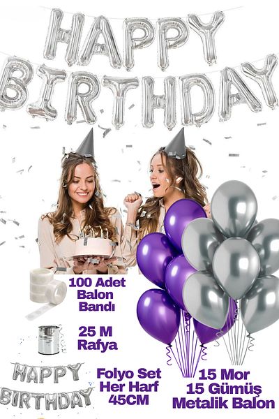 Baloncu Dede Happy Birthday Birthday Set Purple Gray Balloon Set Women Men Girls Children Party Ornaments