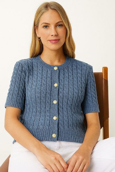 DEMİRBEY TEKSTİL Women's Indigo Crew Neck Hair Braided Short Sleeve Knitwear