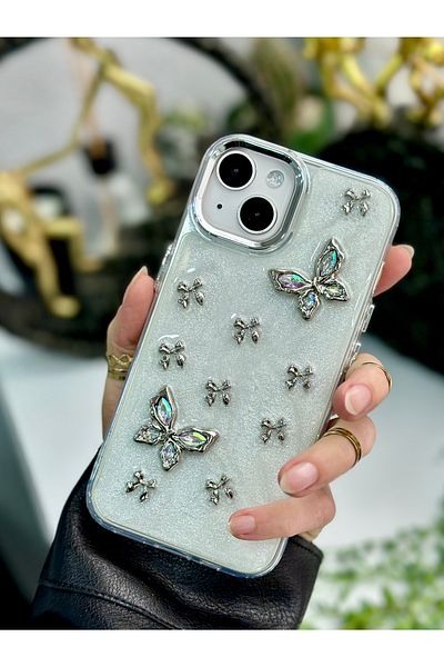 Go Aksesuar iPhone 14 Plus and 15 Plus Compatible Metal Butterfly 3D Toy Designed Silicone Case