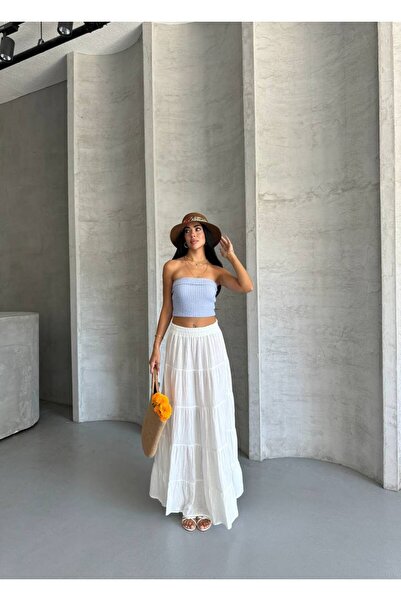 vesantia Women's White 3 Layer Cotton Muslin Fabric Elastic Waist Maxi Skirt