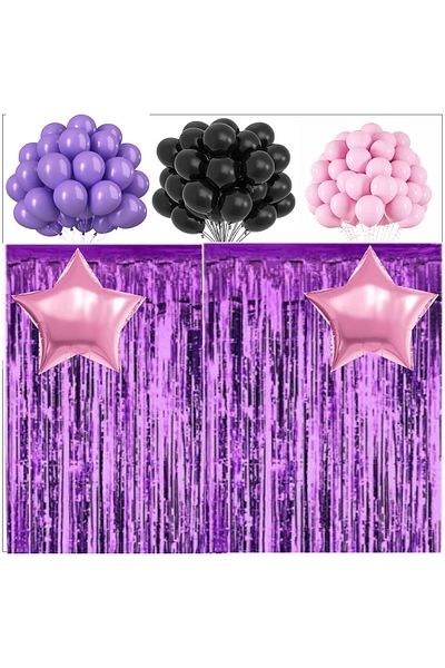ZENVİVA Purple, Black, Pink Pastel Balloon, 2 Pink Star Balloons, 2 Purple Backdrops