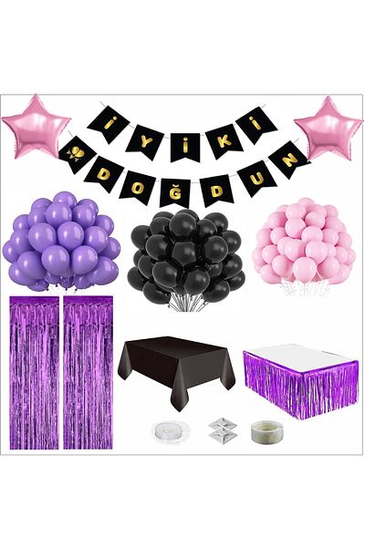 ZENVİVA Black-Gold Banner, Purple, Pink, Black Themed Birthday Set