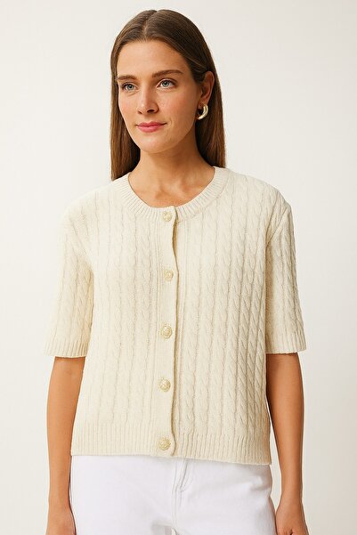 DEMİRBEY TEKSTİL Women's Ecru Crew Neck Hair Braided Short Sleeve Knitwear