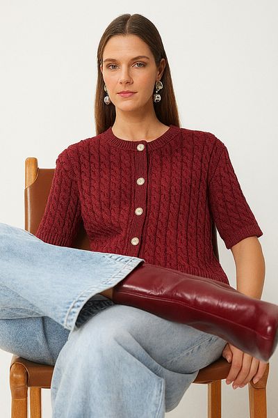 DEMİRBEY TEKSTİL Women's Burgundy Crew Neck Hair Braided Short Sleeve Knitwear