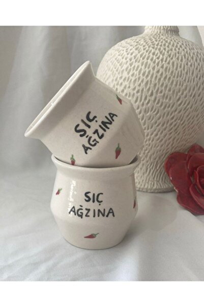 ÖZLEMKAYMAZ Seramik Stoneware Yazılı ve Chilli Biber Dekorlu Aşkım Espresso ve Double Kahve Fincanı 90 ml