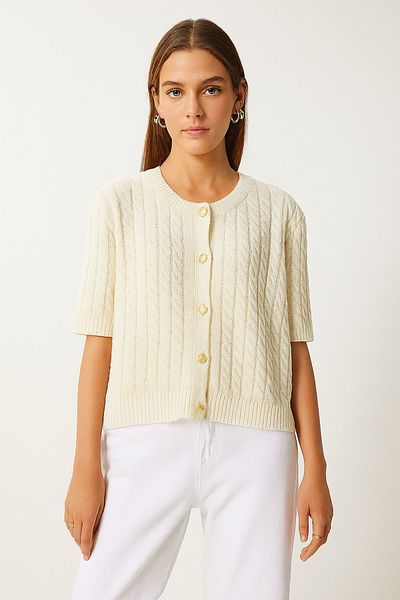 DEMİRBEY TEKSTİL Women's Ecru Crew Neck Hair Braided Short Sleeve Knitwear
