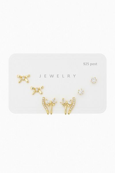 MakeWell 925S Silver Needle Bow Design Zircon Stone 3-Piece Earring Set