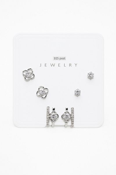 MakeWell 925S Silver Needle Heart Design Zircon Stone 3-Piece Earring Set