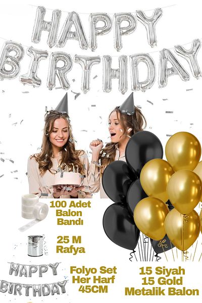 Baloncu Dede Happy Birthday Birthday Set Black Gold Balloon Set Women Men Girls Children Party Ornaments