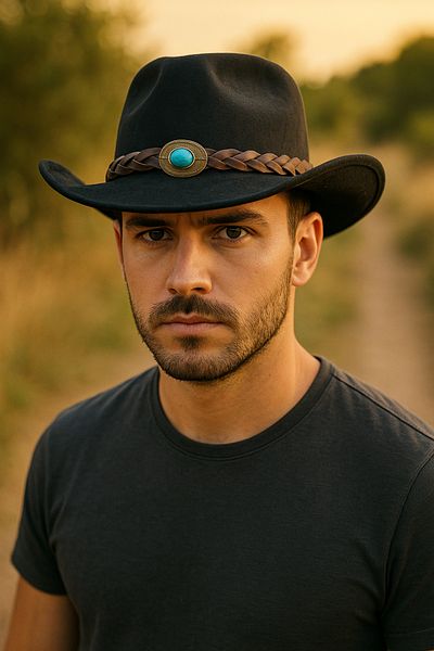 LAGRANZE Men's Stamped Cowboy Hat – Turquoise Stone and Mesh Detail