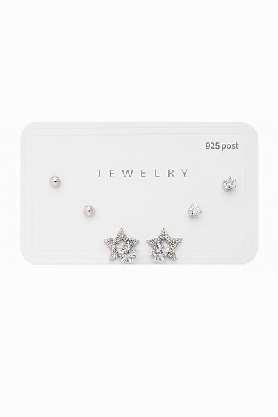 MakeWell 925S Silver Needle Star Design Zircon Stone 3-Piece Earring Set