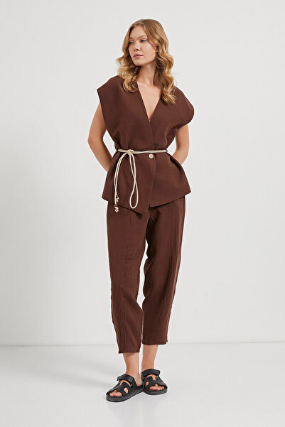 Arma Life Women's Rope Belt Detailed Casual Brown Muslin Vest