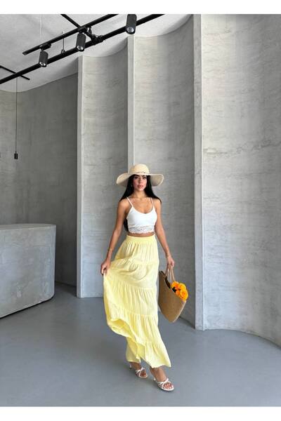 vesantia Kadın Sarı 3 Katlı Pamuklu Müslin Kumaş Beli Lastikli Maxi Boy Etek