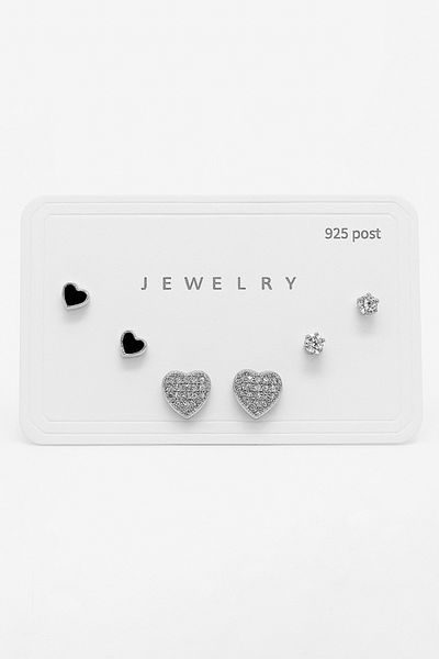 MakeWell 925S Silver Needle Heart Design Zircon Stone 3-Piece Earring Set
