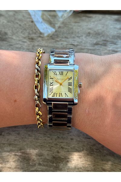 Ferrucci Rosegold and Silver Two Color Simple Stylish Square Steel Watches Women's Watches Do Not Change Color