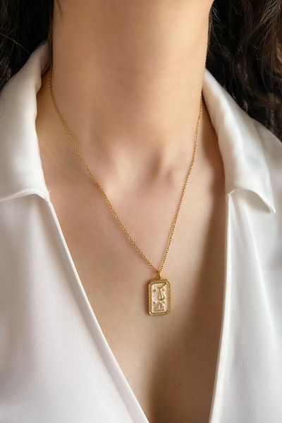 DEMOKAN Women's Steel Necklace Zodiac Sign Series Plate White Stone Libra Sign Necklace