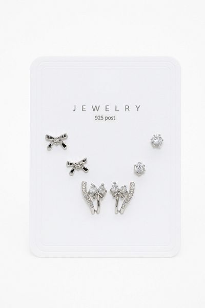 MakeWell 925S Silver Needle Bow Design Zircon Stone 3-Piece Earring Set