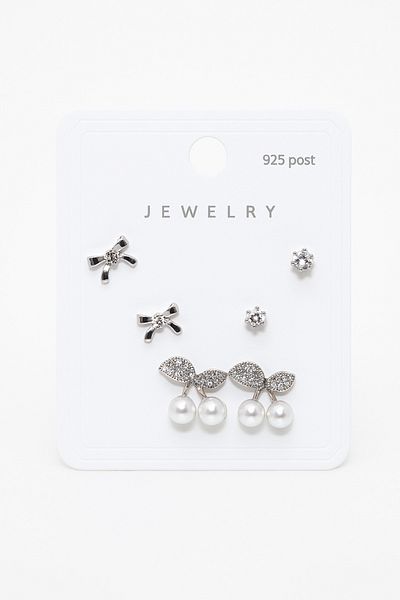 MakeWell 925S Silver Needle Cherry and Bow Design Zircon Stone 3-Piece Earring Set