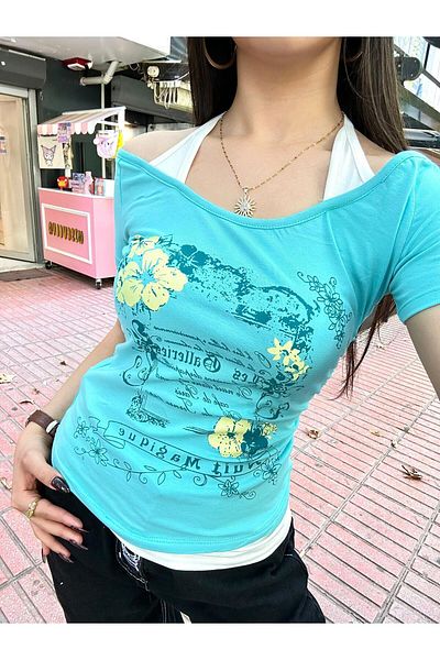 Wisevelya Turquoise Nuit Magique Madonna Collar Additional Strap Short Sleeve Full Body Crop