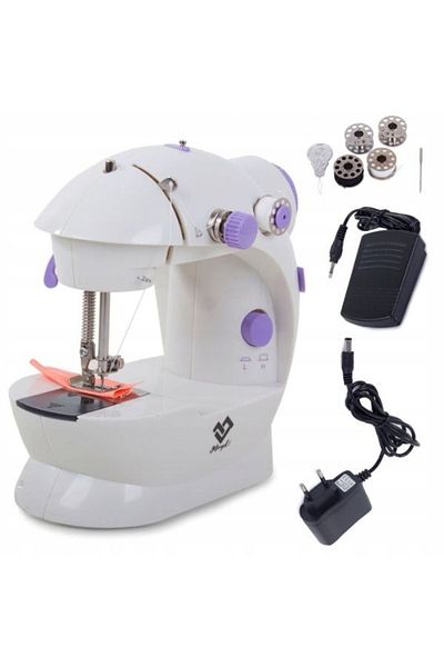 divendi-ro Mini portable sewing machine, 2 speeds, mains or 4xAA batteries, White/Mov - White/Mov