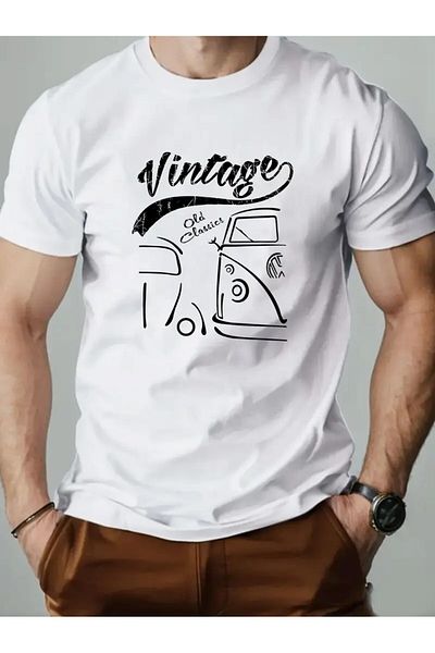 PARUNIV Men's T-shirt, Vintage Old Classic, Casual Outfits, Loose, 100% Cotton