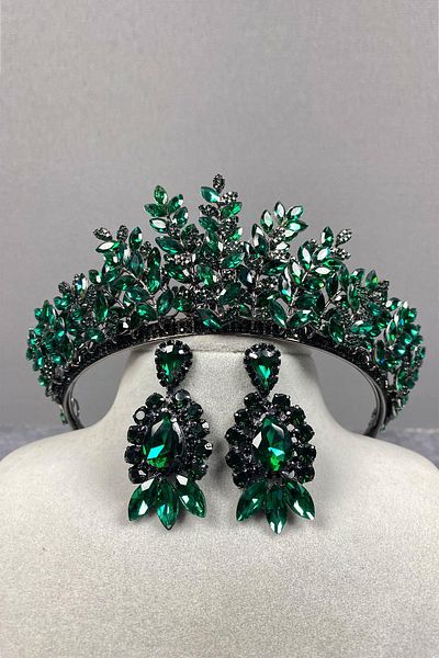 Hayalperest boncuk Ezel 3D Bridal Henna Crown and Shuttle Drop Earring Set