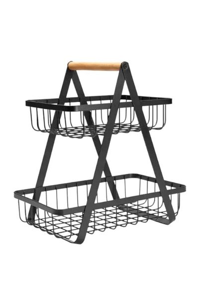 Welora Coș decorativ pentru fructe, metalic, cu 2 niveluri, negru - 300 x 200 x 100 mm