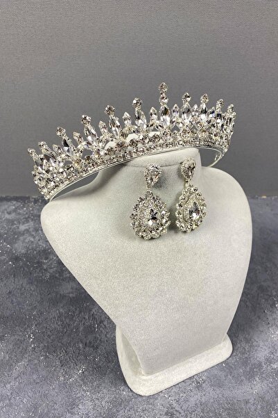 Hayalperest boncuk Silver Pedro Stone Bridal Henna Crown and Earrings Set