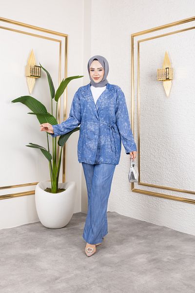 Viskosa Floral Print Kimono and Pants Set - V-Neck Long Sleeve Jacket & Loose Fit Pants