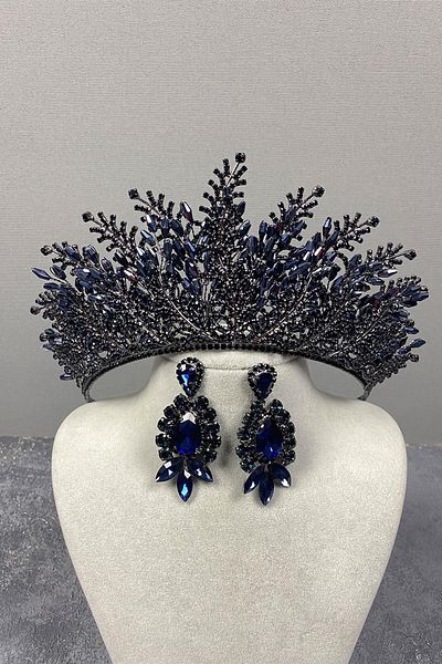 Hayalperest boncuk Navy Blue Nairobi Bead Embroidered Bridal Henna Crown and Shuttle Earring Set