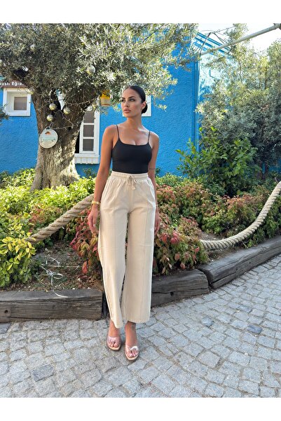 Butik YÜKSEK BEL KETEN KADIN KUMAŞ PANTOLON