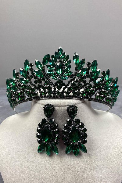 Hayalperest boncuk Green Danver Stone Bridal Henna Crown and Evening Dress Earring Set