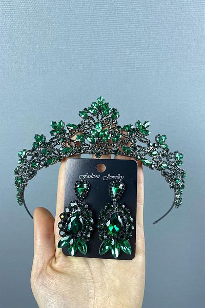 Hayalperest boncuk Melis Bridal Henna Crown and Shuttle Stone Earring Set