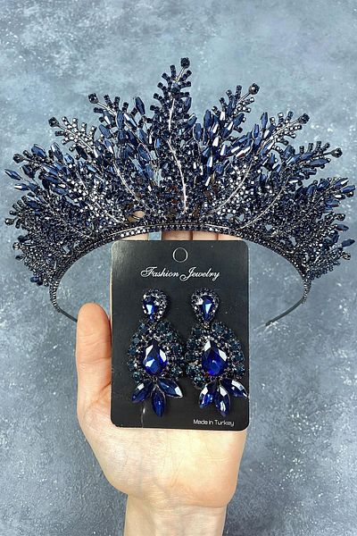 Hayalperest boncuk Navy Blue Nairobi Bead Embroidered Bridal Henna Crown and Shuttle Earring Set