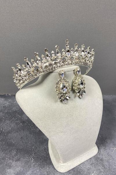 Hayalperest boncuk Silver Pedro Stone Bridal Henna Crown and Earring Set