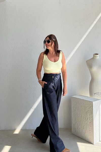 ELVAN TOLON Navy Blue Buttoned Soft Denim Trousers