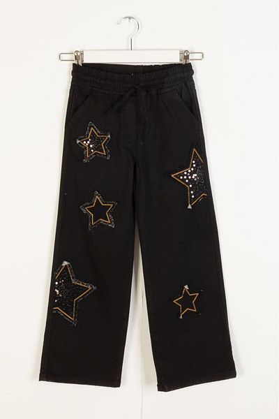 Magu Girl's Denim Black Sequined Star Applique Trousers