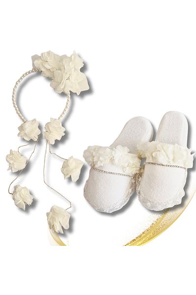 pegu baby collection Maternity Slippers and Pearl Crown Set with Chain Earrings, Bridal Kina Engagement Slippers