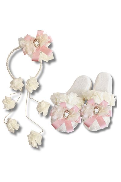 pegu baby collection Maternity Crystal Stone Design Slippers and Chain Earrings Model Crown Set with Pearls, Bride