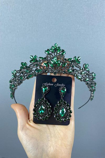 Hayalperest boncuk Melis Bridal Henna Crown și Cercei cu piatră picătură