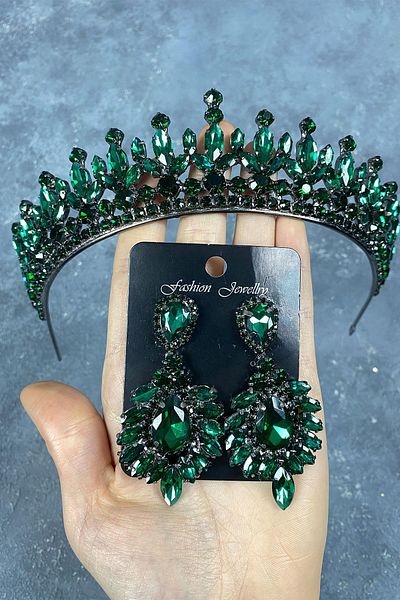Hayalperest boncuk Green Pedro Stone Bridal Henna Crown and Evening Dress Earring Set