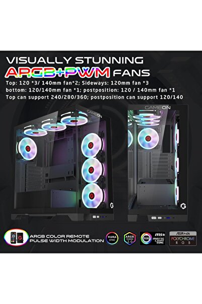 GAMEON Emperor Midnight IV Series Mid Tower PC Gaming Case, 7 ARGB Fans, Tempered Glass, Black