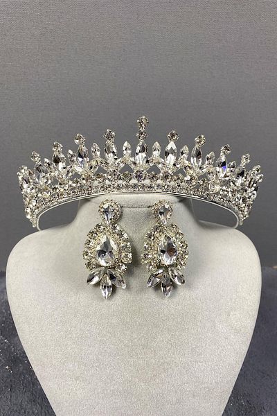 Hayalperest boncuk Silver Pedro Stone Bridal Henna Crown and Earring Set