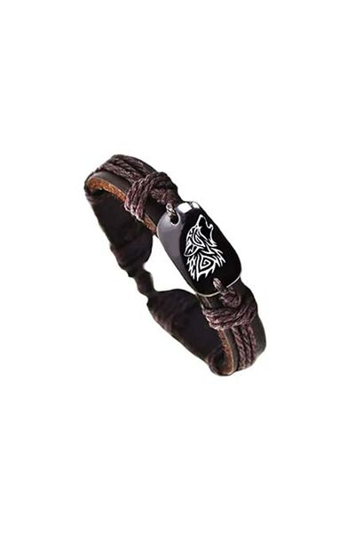 OEM Leather Bracelet, Wolf Pendant. Brown