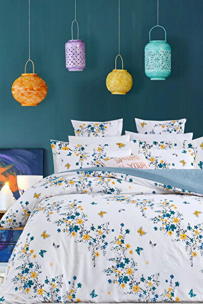 Sheri Home Lastikli Çarşaflı Nevresim Takımı Çift Kişilik Garden BEYAZ