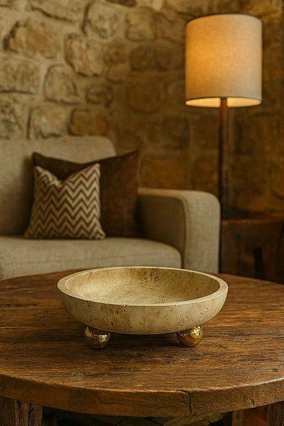 Modestmar Ivory Travertine Footed Bowl, Travertine Gold Ball Footed Bowl, Travertine Plate 26cm