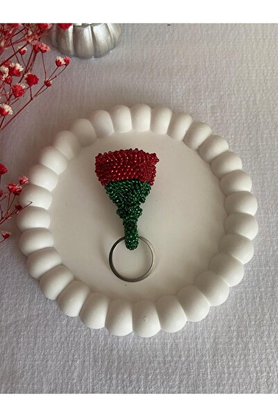 Handmade KUM BONCUK EL İŞİ BAKLASIZ KÜÇÜK BOY KIRMIZI GÜL ANAHTARLIK