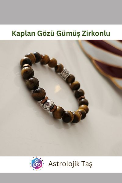 Astrolojik Doğal Taş Tiger Eye Natural Stone Bracelet (Silver Color Round Charm)