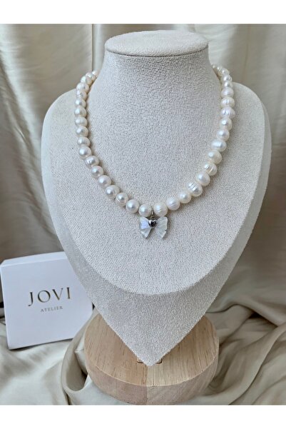 JOVİ ATELİER Sertifikalı Doğal 8mm İnci Kolye Çelik Aparat Çelik Kurde Charm