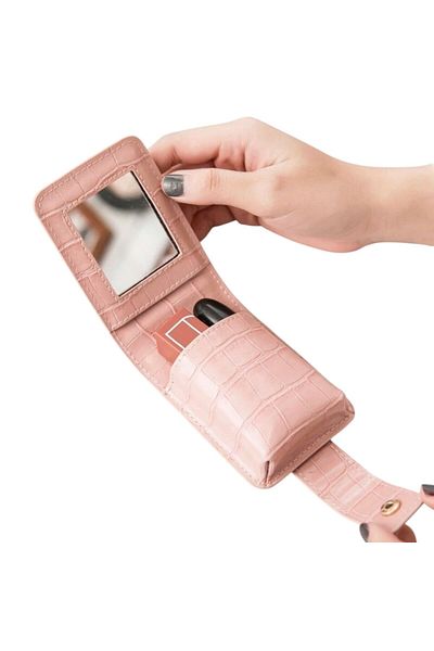 OEM Compact leather lipstick case with mirror and snap closure, elegant and practical - Pink